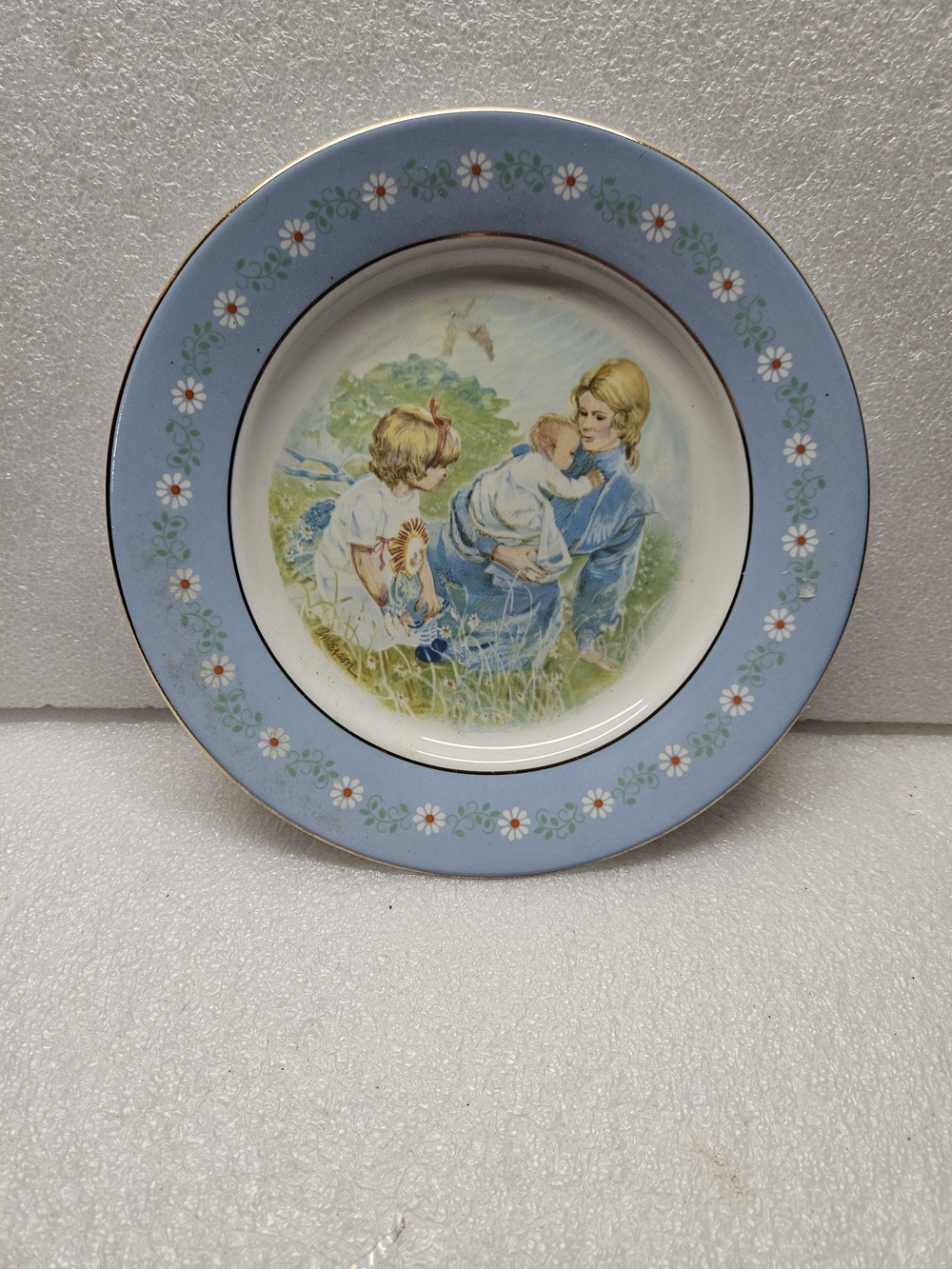Avon Blue Rim Plate with Children Illustration and Floral Border